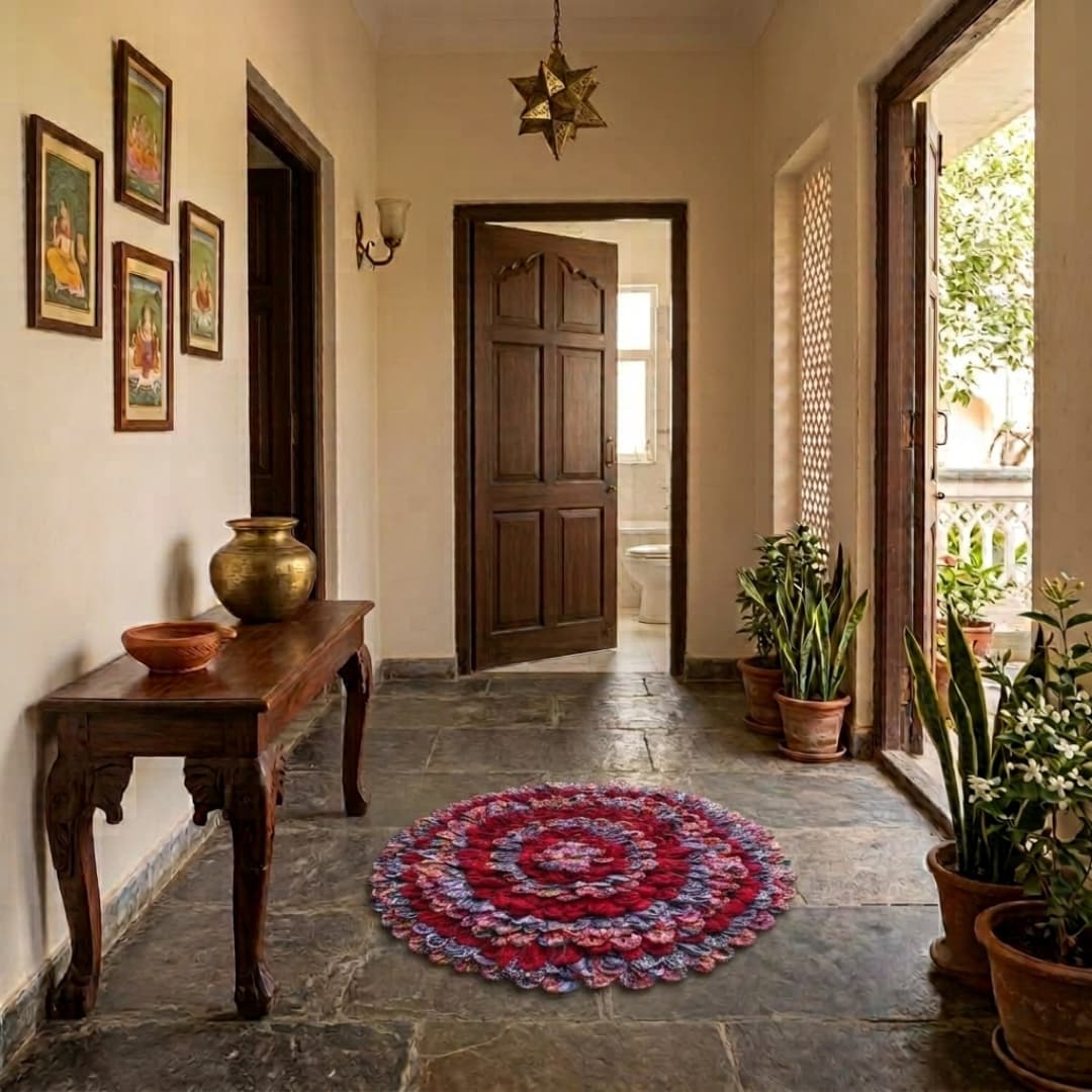 The Srijan Crimson Bloom Patchwork Door Mat - Image 2