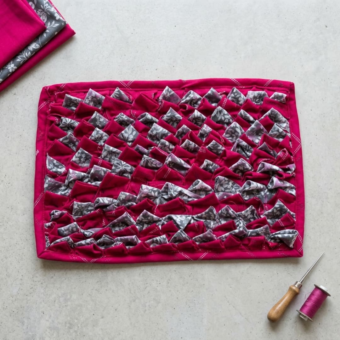 Handcrafted Magenta & Grey Folded-Fabric Accent Mat